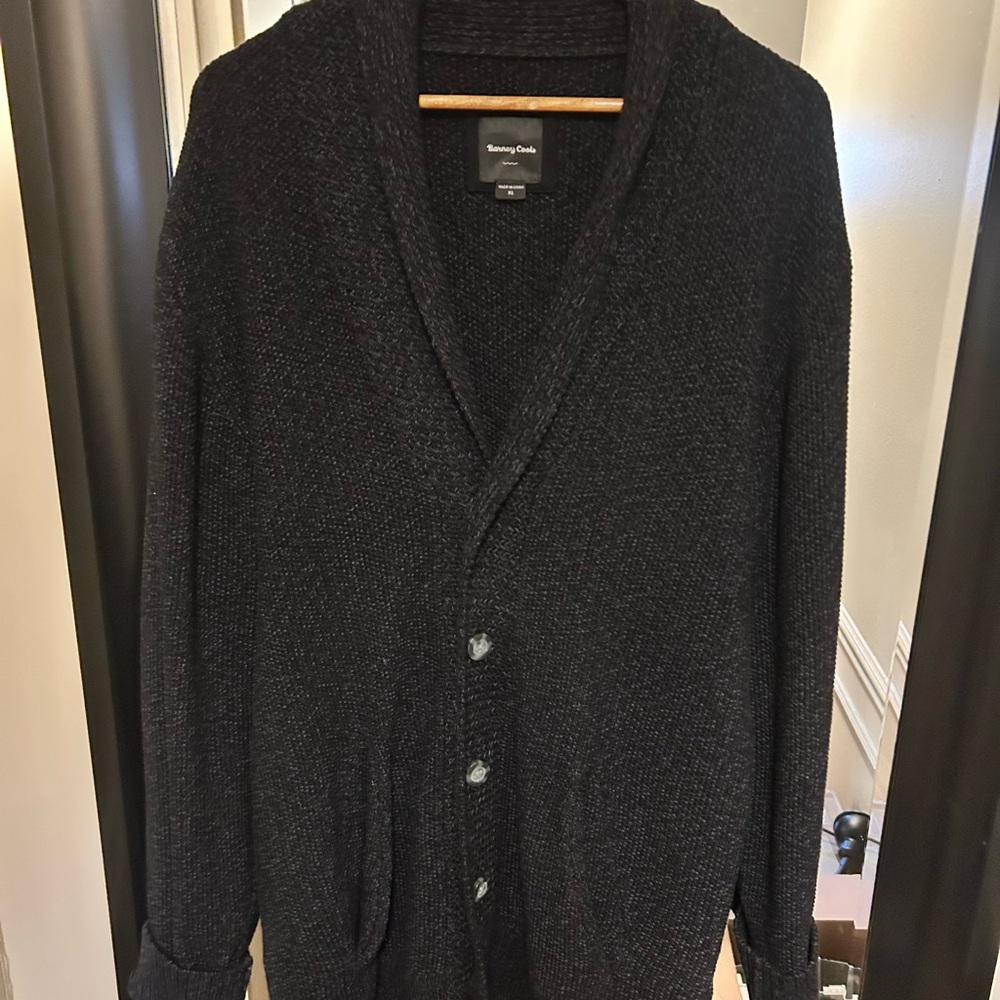 Barney Cools Shawl Collar Cardigan Knit 2 pockets EUC
Beautiful. 24”W X 34”L